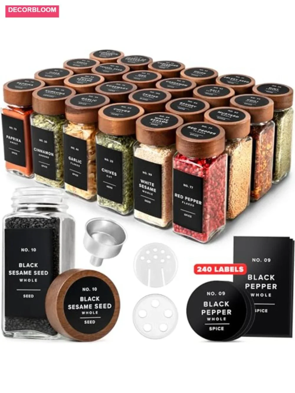 Square Spice Jars with Acacia Wooden Lids - Pack of 24 with Shaker Insert
